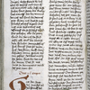 Page of text with rubric and large red initial; human figures in lower border