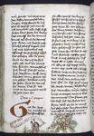 Page of text with rubric and large red initial; human figures in lower border
