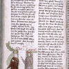 Page of text with placemarkers, rubric, and large green historiated initial, showing two figures.  Catchword