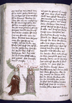 Page of text with placemarkers, rubric, and large green historiated initial, showing two figures.  Catchword