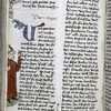Page of text with placemarkers, rubric, large blue initial, and border scenes showing Moses receiving the laws