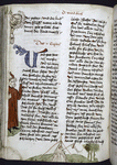 Page of text with placemarkers, rubric, large blue initial, and border scenes showing Moses receiving the laws