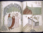 Miniature across two pages, showing worship at an altar