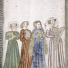 Rubric and full-page miniature showing a group of women with instruments