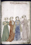 Rubric and full-page miniature showing a group of women with instruments