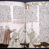 Text with placemarkers, rubrics, large red initial and border design.  Miniature spread across two pages, including Moses and men pitching tents