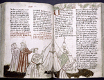 Text with placemarkers, rubrics, large red initial and border design.  Miniature spread across two pages, including Moses and men pitching tents