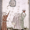 Rubric and full-page miniature showing God showering down bread