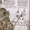 Text with placemarkers, rubric, and large red initial; half-page miniature showing men pulling down tents.  Coats of arms