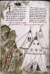 Text with placemarkers, rubric, and large red initial; half-page miniature showing men pulling down tents.  Coats of arms