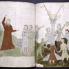 Miniature across two pages showing Moses breaking the tablets of the law; men worshiping the golden calf