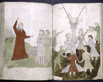 Miniature across two pages showing Moses breaking the tablets of the law; men worshiping the golden calf