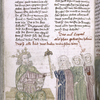 Text with placemarkers and rubric; half-page miniature showing king with three women