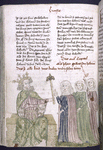 Text with placemarkers and rubric; half-page miniature showing king with three women