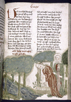 Text with placemarkers, large red initial and rubric.  Half-page miniature showing baby Moses in a basket, being placed in the river Nile