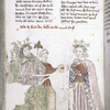 Text with placemarkers and rubric; half-page miniature showing the child Moses and the pharoah