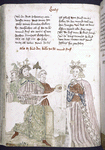 Text with placemarkers and rubric; half-page miniature showing the child Moses and the pharoah