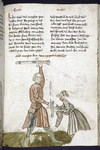 Text with placemarkers and rubric; half-page miniature showing Moses in a swordfight