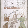 Text with placemarkers and rubric.  Half-page miniature showing a swordfight