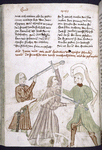 Text with placemarkers and rubric.  Half-page miniature showing a swordfight