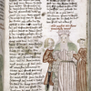 Text with rubric and placemarkers; miniature in one column showing Moses' marriage