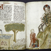 Text with large initial, rubric and placemarkers.  Miniature across two pages shows Moses and sheep, and God speaking from the burning bush