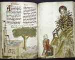 Text with large initial, rubric and placemarkers.  Miniature across two pages shows Moses and sheep, and God speaking from the burning bush