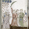 Rubric and full-page miniature showing Moses, Pharaoh, and the rain of blood