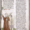 Text with rubric and placemarkers; miniature in one column of Moses and companion