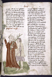 Text with rubric and placemarkers; miniature in one column of Moses and companion