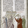 Text with rubric and placemarkers.  Half-page miniature of Moses, Pharaoh, and a plague