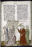 Text with rubric and placemarkers.  Half-page miniature of Moses, Pharaoh, and a plague