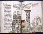 Text with rubrics and placemarkers.  Miniature spread over two pages of a castle and angels killing people