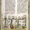 Text with rubric and placemarkers.  Half-page miniatures of a gathering at table