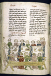 Text with rubric and placemarkers.  Half-page miniatures of a gathering at table