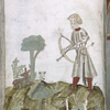 Full-page miniature of man hunting with a bow