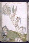 Rubric and full-page initial showing Jacob dreaming and the ladder of angels