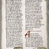 Page of text with placemarkers, rubrics, large red initial.  Figure of knight riding in lower border