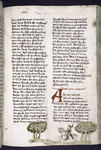 Page of text with placemarkers, rubrics, large red initial.  Figure of knight riding in lower border