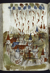 Full-page miniature showing rain of fire on a city