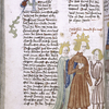 Text with rubrics, placemarkers, large blue, red and green initial.  Miniature in one column showing David as king