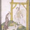 Rubric and full-page miniature of men with their hands and feet being cut off