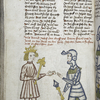 Text with rubric and placemarkers.  Half-page miniature of David giving the letter for Uriah to a soldier