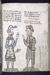 Text with rubric and placemarkers; half-page miniature of soldier delivering the letter