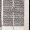 Page of text with initial and penwork, chapter number and book name in red and blue
