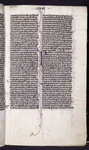 Page of text with initial and penwork, chapter number and book name in red and blue