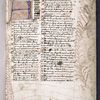 Opening of text, large letter with penwork, small initials and linefillers, hierarchy of scripts.  Large penwork feather drawn in border