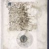 Opening of text, two-line gold initial on blue and green field with flourish in border, red and blue initials, rubrics, placemarkers. Coat of arms.  Note that ink has run somewhat