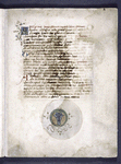 Opening of text, two-line gold initial on blue and green field with flourish in border, red and blue initials, rubrics, placemarkers. Coat of arms.  Note that ink has run somewhat