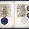 Text with three charts in gold, blue, and other colors.  Red and blue initials, rubrics